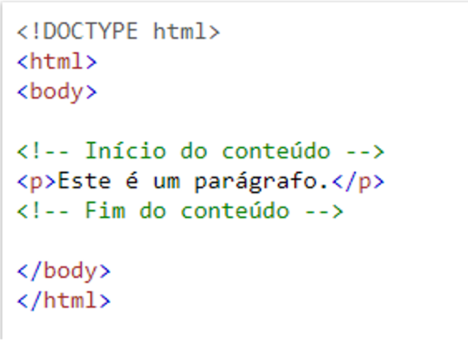 exemplo em código de utilização dos comentários em HTML
